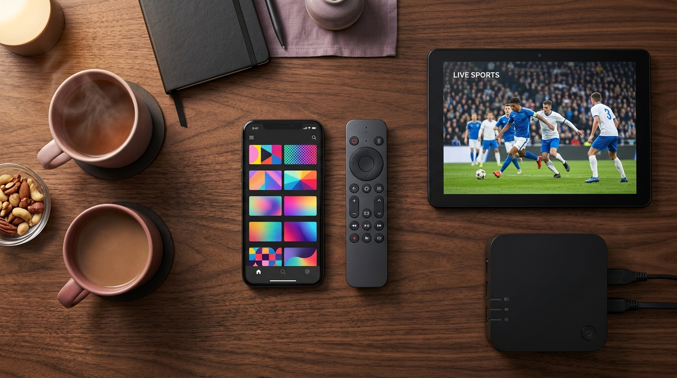 Modern streaming devices side by side — remote, smartphone, tablet, set-top box on a warm-lit walnut desk